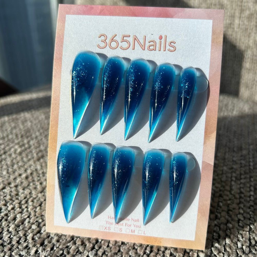 Deep Sea Stardust Dragon Claw Stiletto Jelly Blue Glitter Handmade Dragon Nail - Image 3