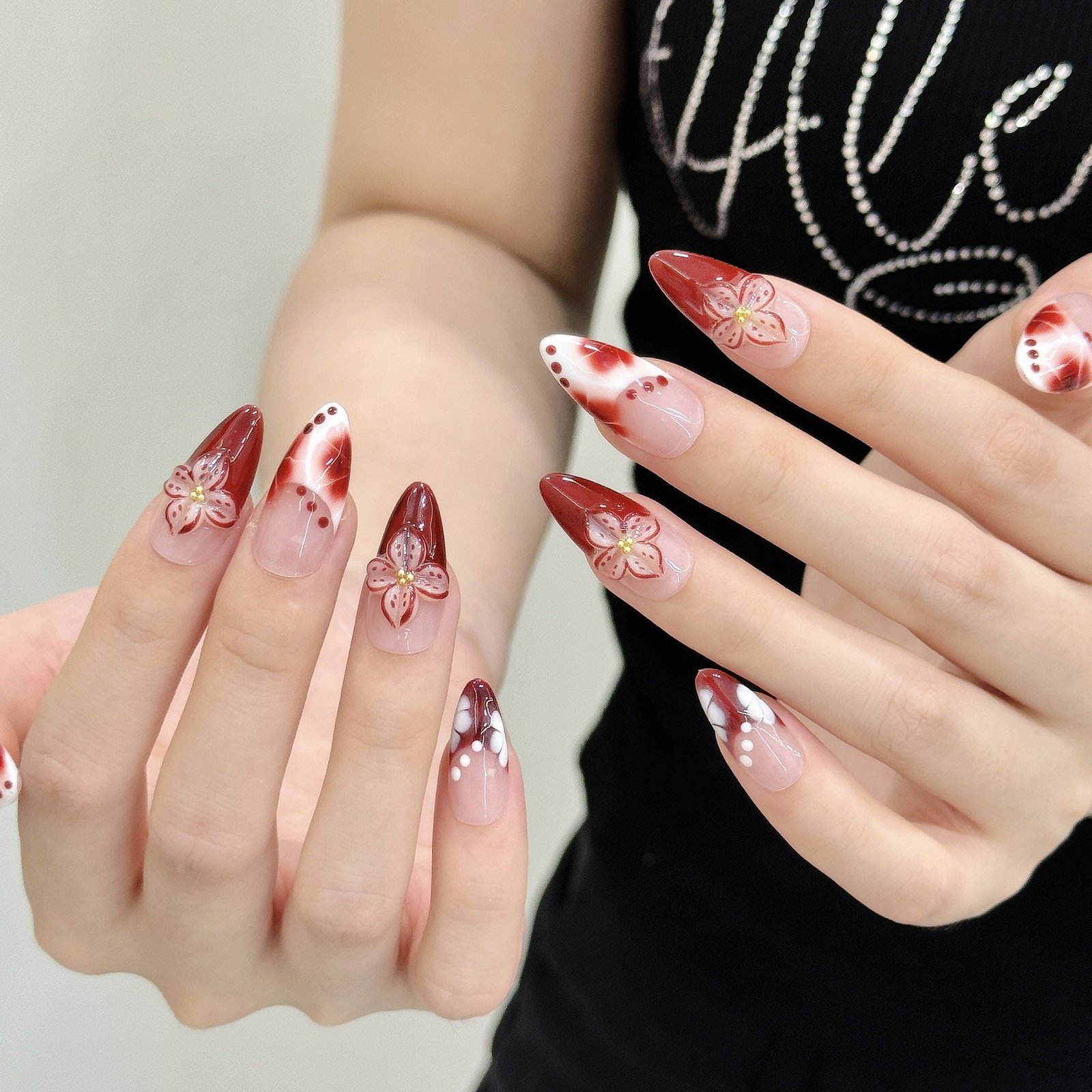 365nails: "Crimson Sakura" – Hand-Painted Floral & Ombré Handmade Long Almond Nails - Image 2