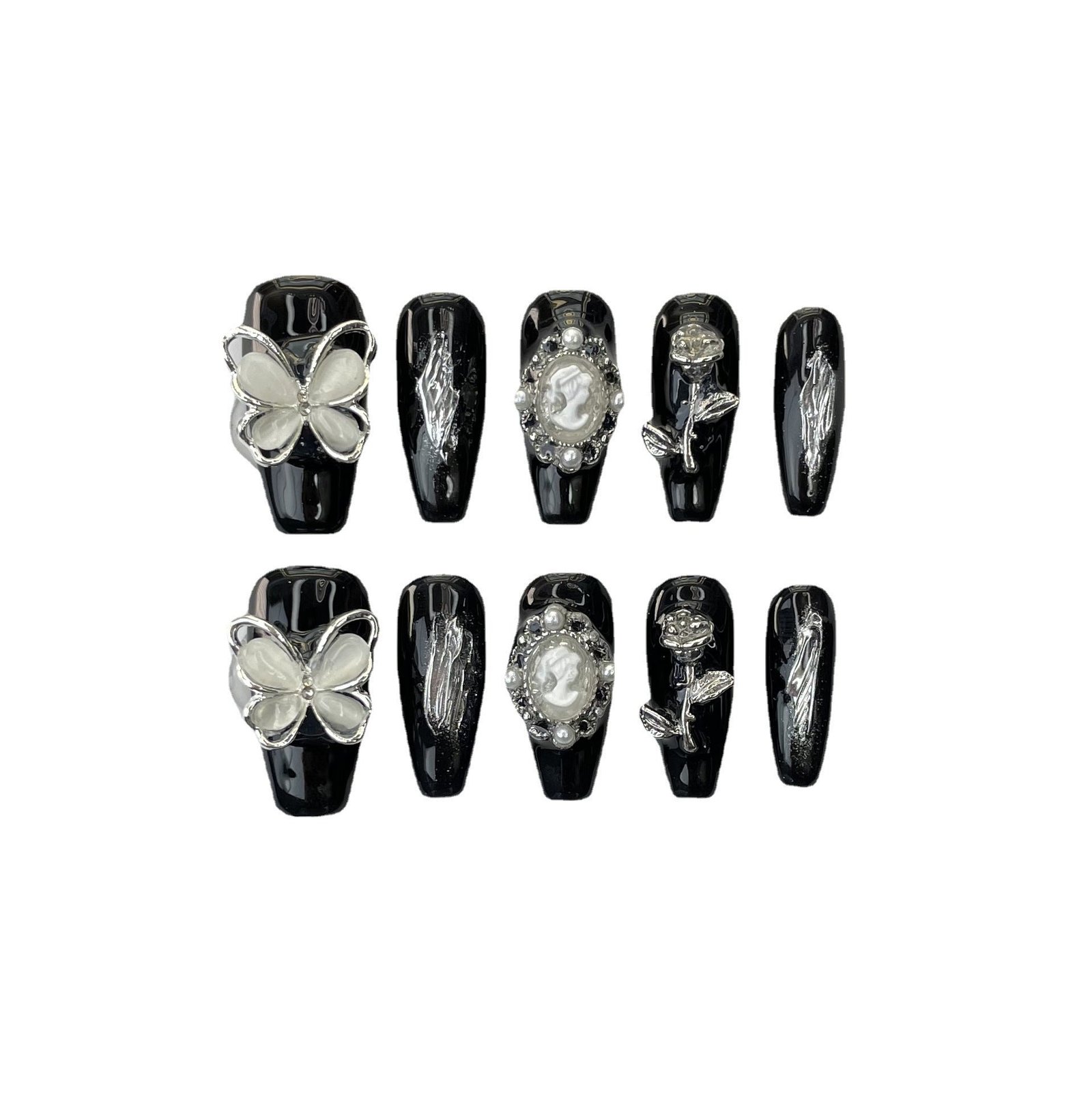 Black Silver Butterfly Gothic Elegant Press On Nails - Image 4