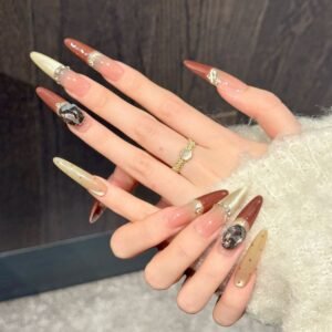 365nails: "Amber Noir" – 3D Gem & French Tip Handmade Stiletto Nails