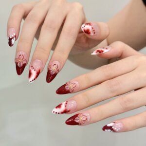 365nails: "Crimson Sakura" – Hand-Painted Floral & Ombré Handmade Long Almond Nails