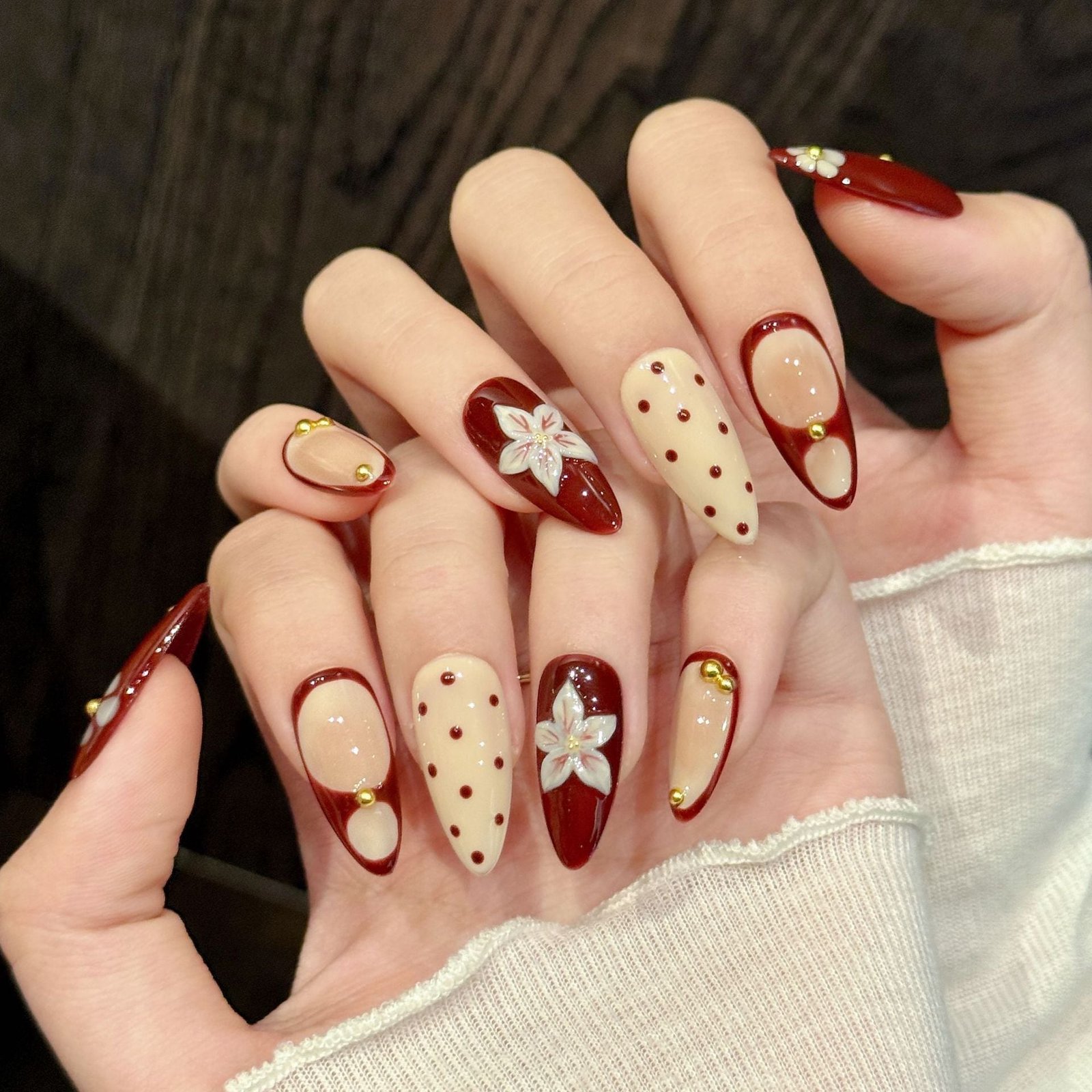 365nails: "Retro Cherry Blossom" – 3D Floral Polka Dot Handmade Almond Nails - Image 2