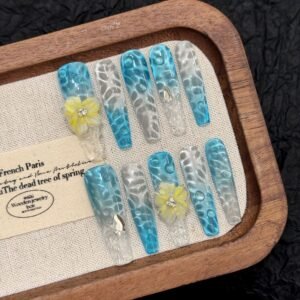 365nails: "Aqua Bloom" – 3D Water Ripple Handmade Long Coffin Nails