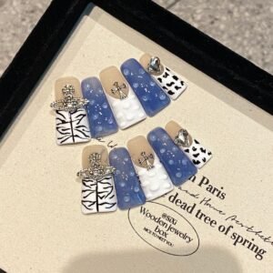 Y2K Mix Pattern Nails with Zebra, Dots, and Crystal Charms