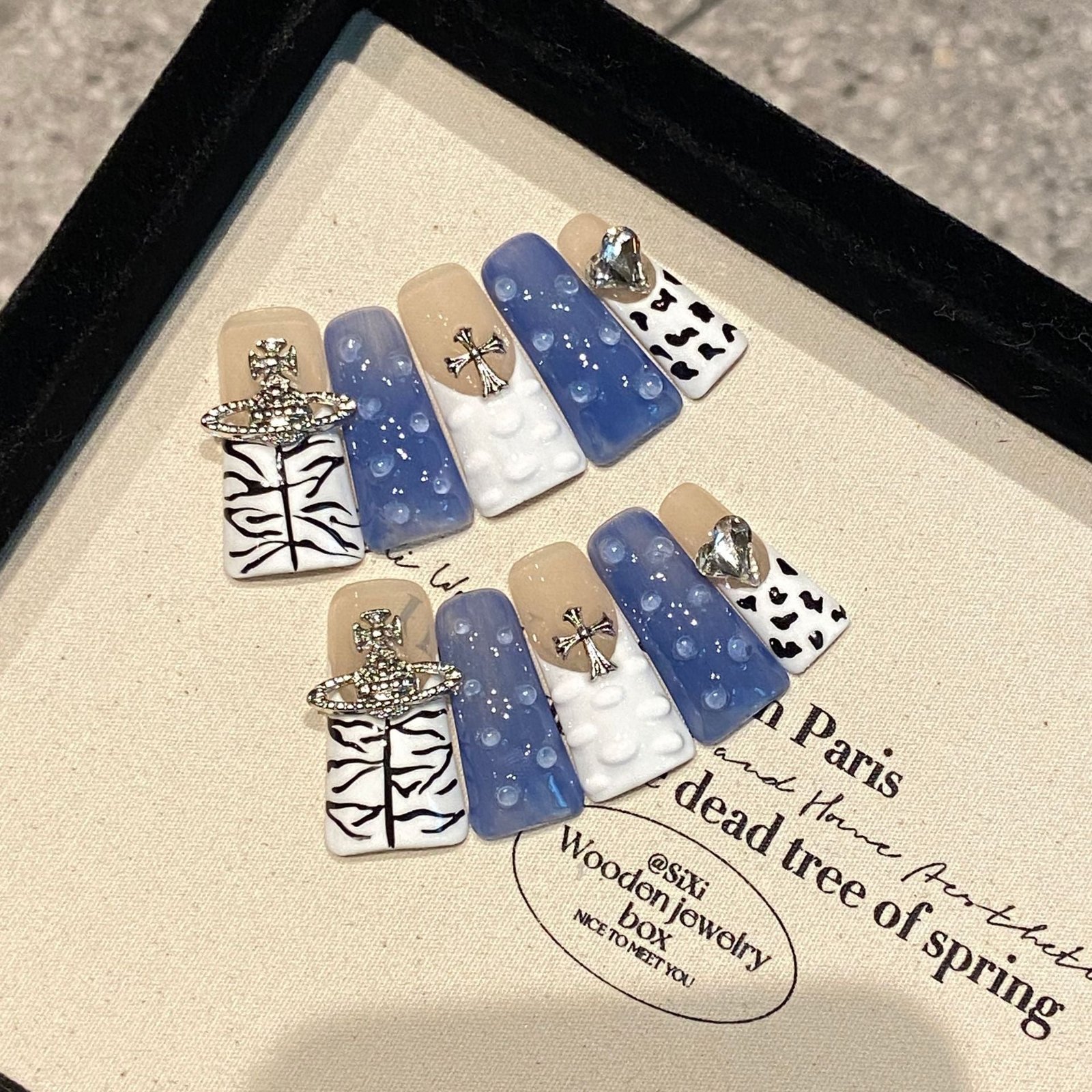 Y2K Mix Pattern Nails with Zebra, Dots, and Crystal Charms