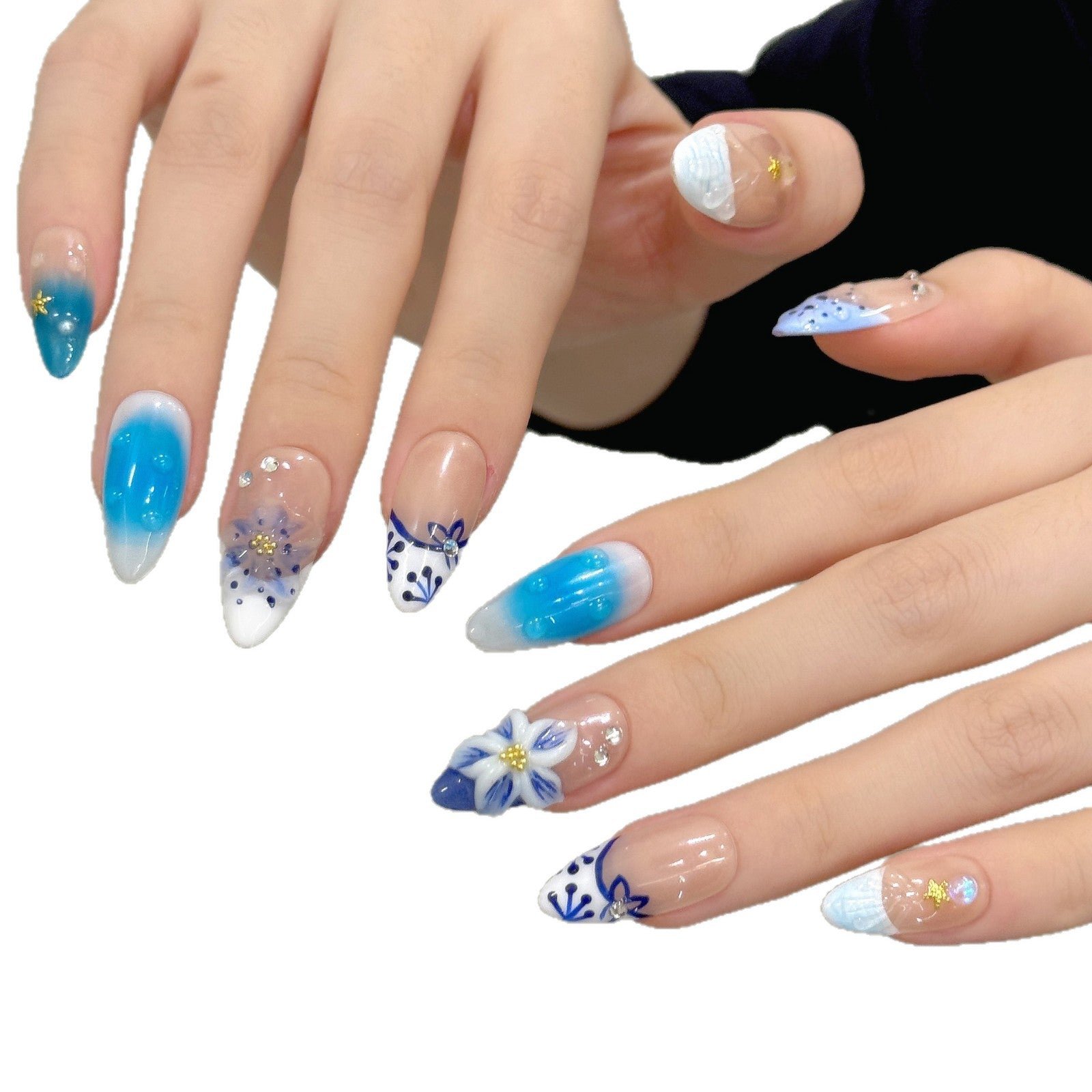 Blue Floral Gradient Chic Summer Press On Nails - Image 4