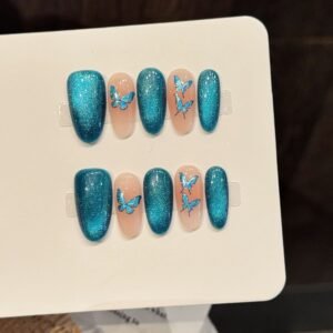 Blue Glitter Butterfly Nude Sparkle Fresh Elegant Press On Nails