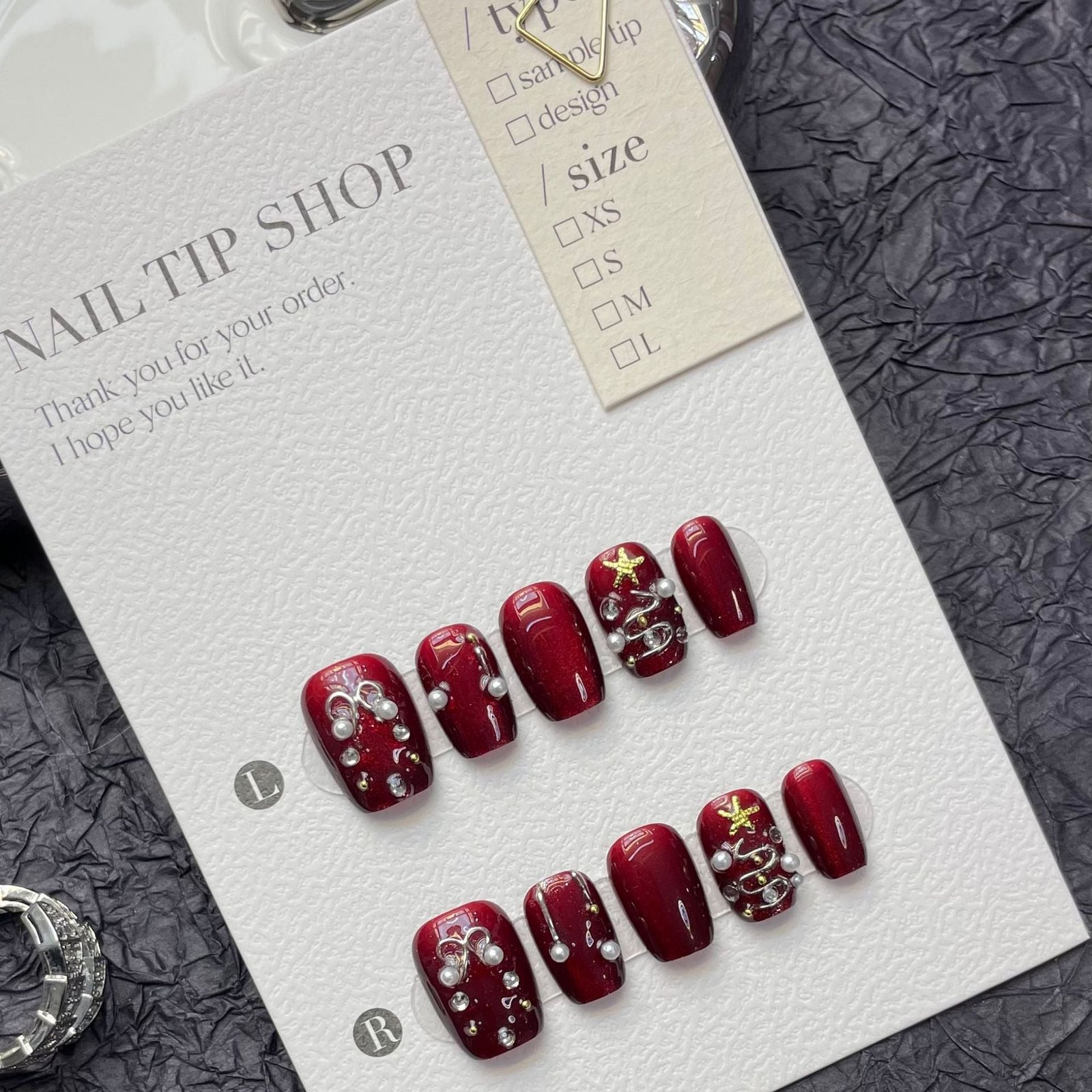 Wine Red Pearl Christmas Press‑On Nails – Snowflake & Ribbon Design - Image 3