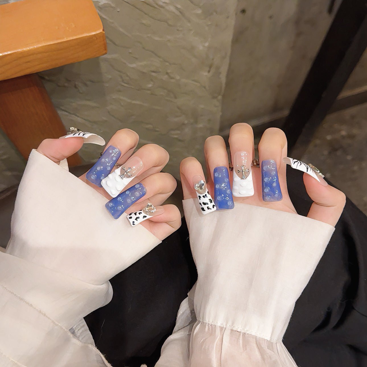 Y2K Mix Pattern Nails with Zebra, Dots, and Crystal Charms - Image 3