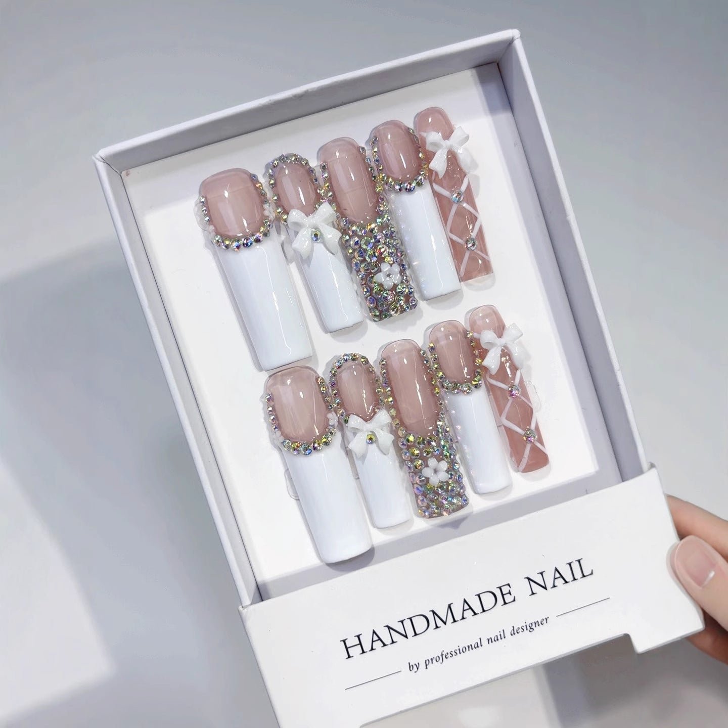 Soft Nude Bow Crystal Long Press On Nails - Image 3