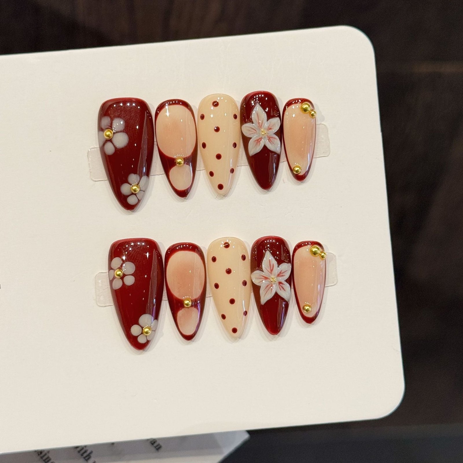 365nails: "Retro Cherry Blossom" – 3D Floral Polka Dot Handmade Almond Nails - Image 5