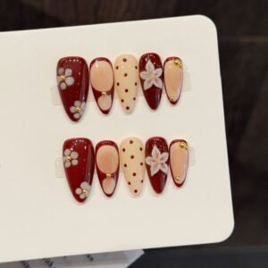 365nails: "Retro Cherry Blossom" – 3D Floral Polka Dot Handmade Almond Nails