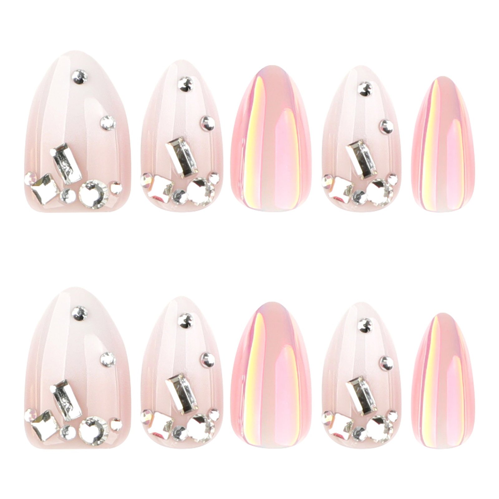 Iridescent Pearl Chrome Crystal Almond Nails - Image 5