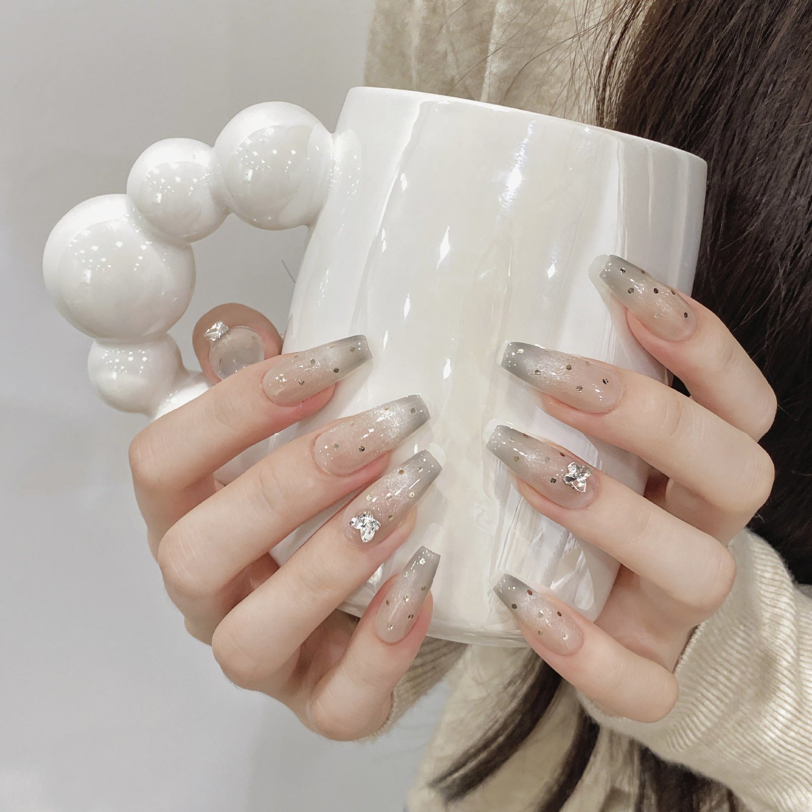 Midnight Stardust 3D Crystal & Polka Dot Handmade Coffin Nails