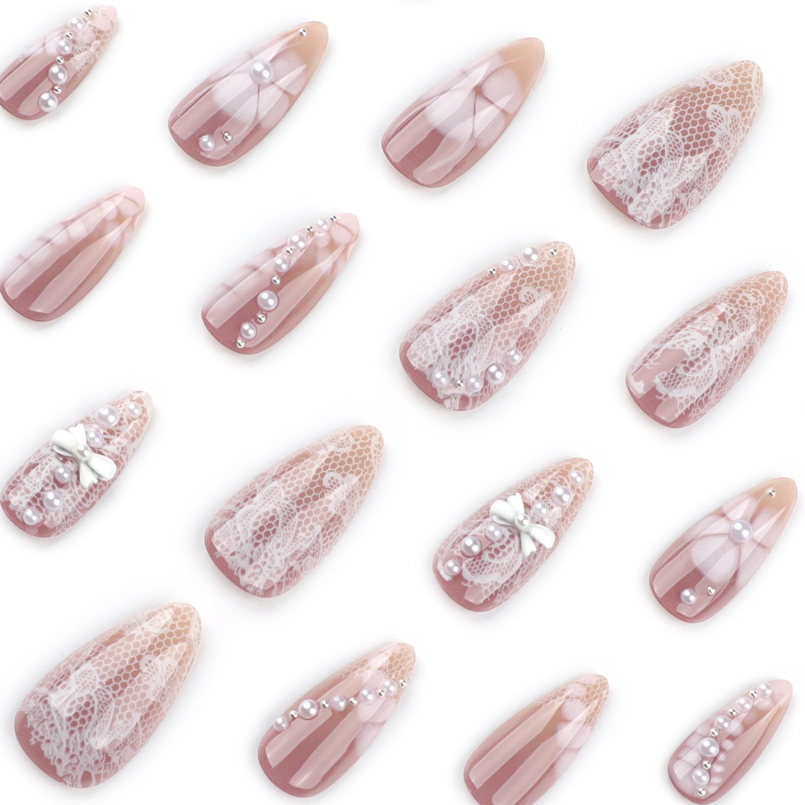 White Lace Gradient Nails with Pearl Bow Details - Image 3