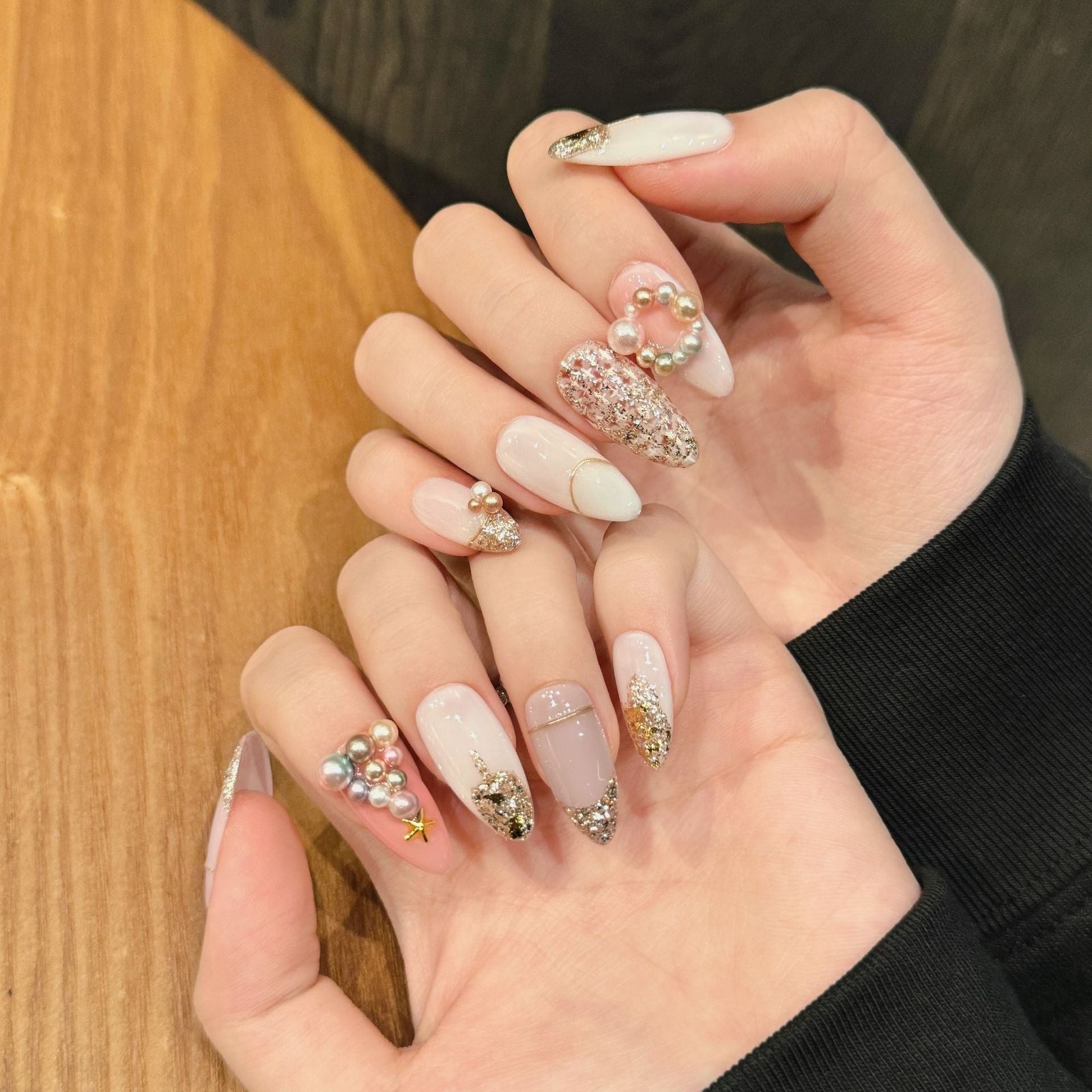 Pink and White Glitter Press‑On Nails – Pearl & Gold Accent Design - Image 2