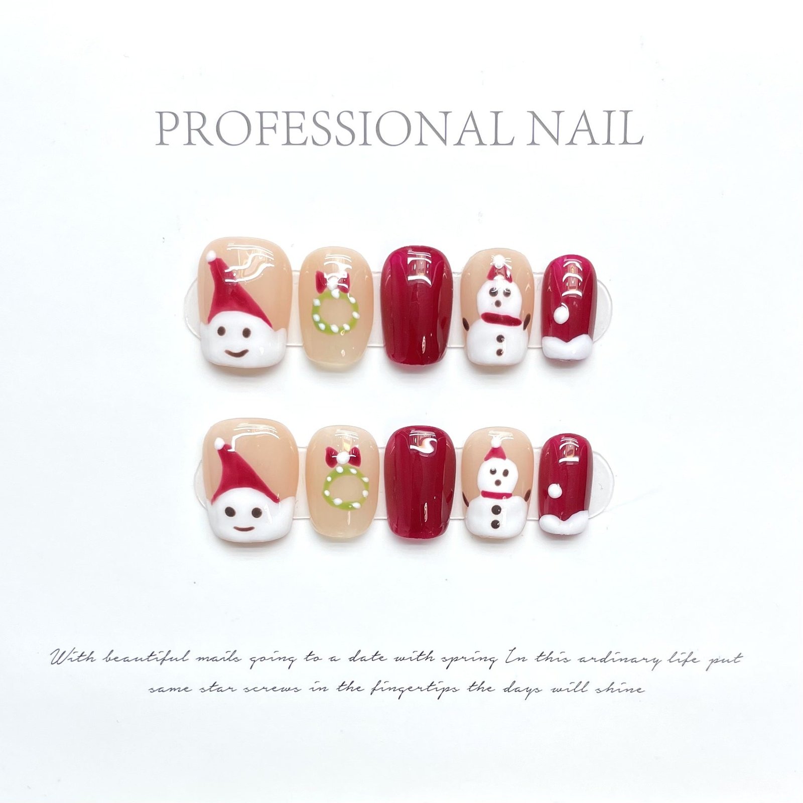 Cute Santa & Snowman Christmas Press‑On Nails – Red and Nude Festive Design - Image 3