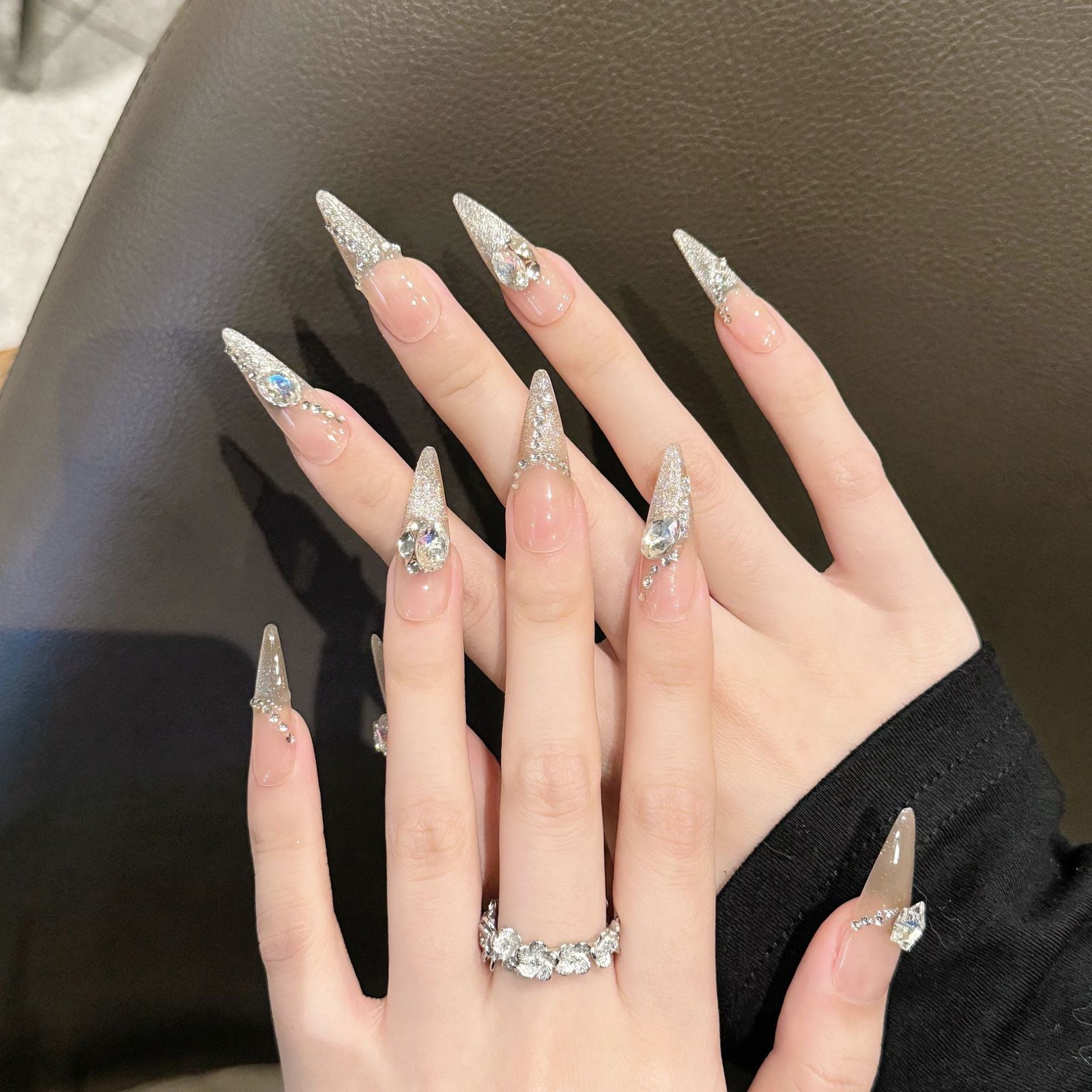 365nails: "Celestial Ice" – 3D Crystal & Silver Glitter Handmade Stiletto Nails - Image 3