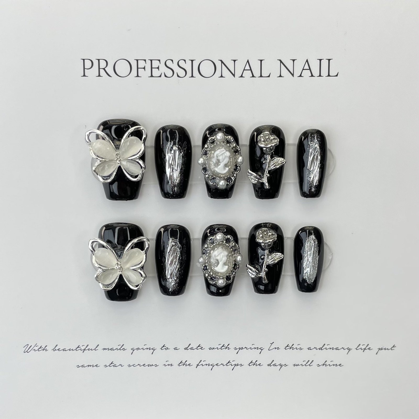 Black Silver Butterfly Gothic Elegant Press On Nails - Image 2