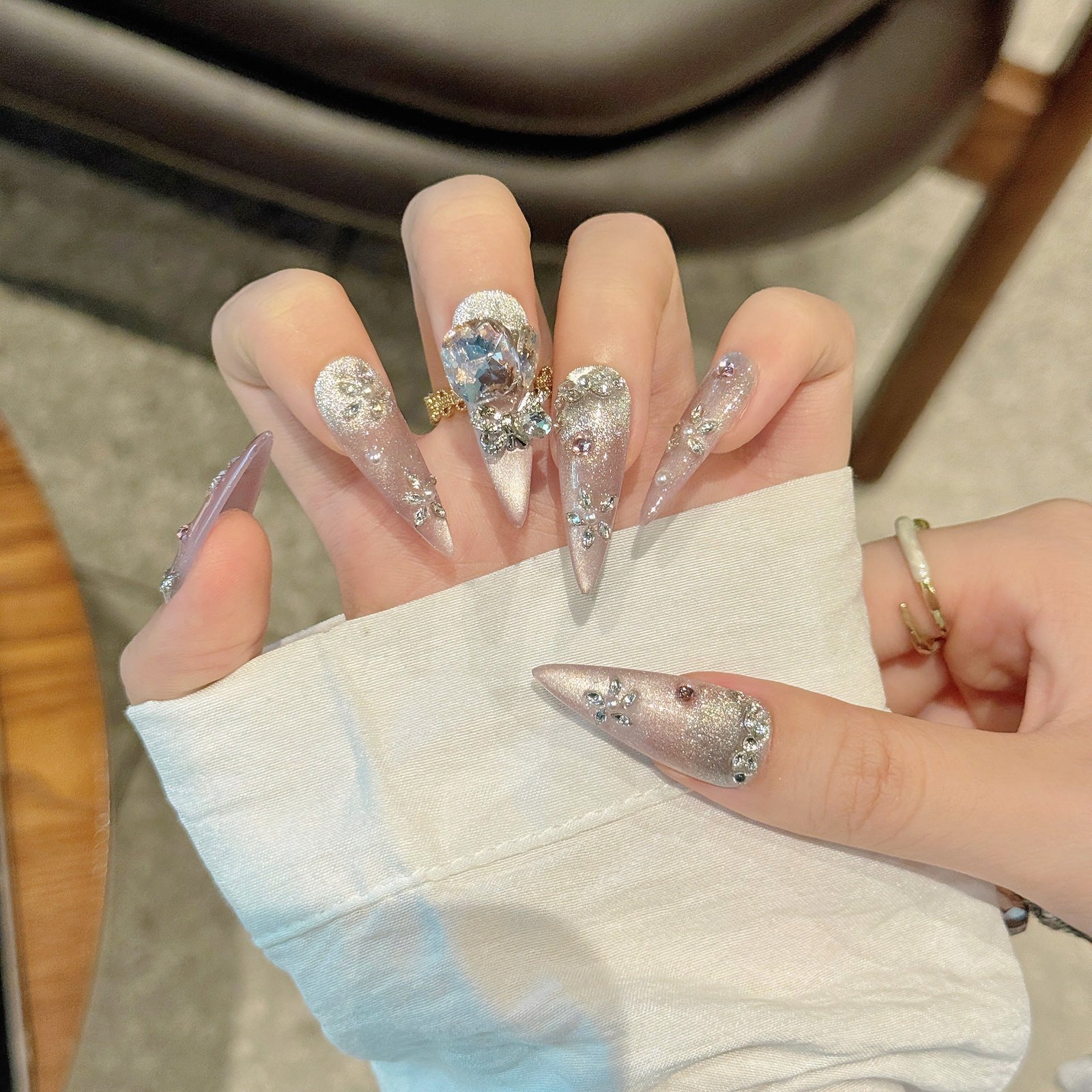 365nails: "Celestial Dream" – Iridescent Cat Eye & Oversized Crystal Handmade Stiletto Nails - Image 3