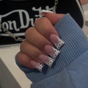 "Vintage Polka Sweetheart" – Glitter Pink Base & White Polka Dot Lace French Square Press-On Nails (24 Pcs)