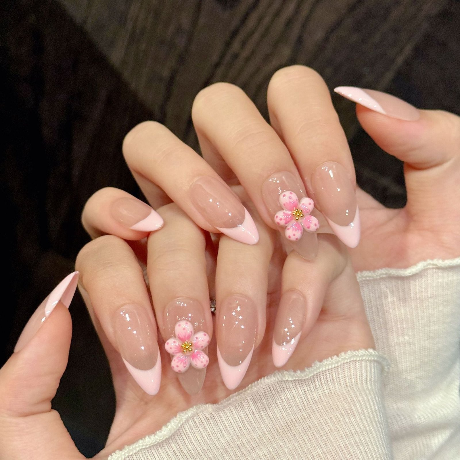 365nails: "Sakura Blush" – 3D Floral French Tip Handmade Almond Nails - Image 2