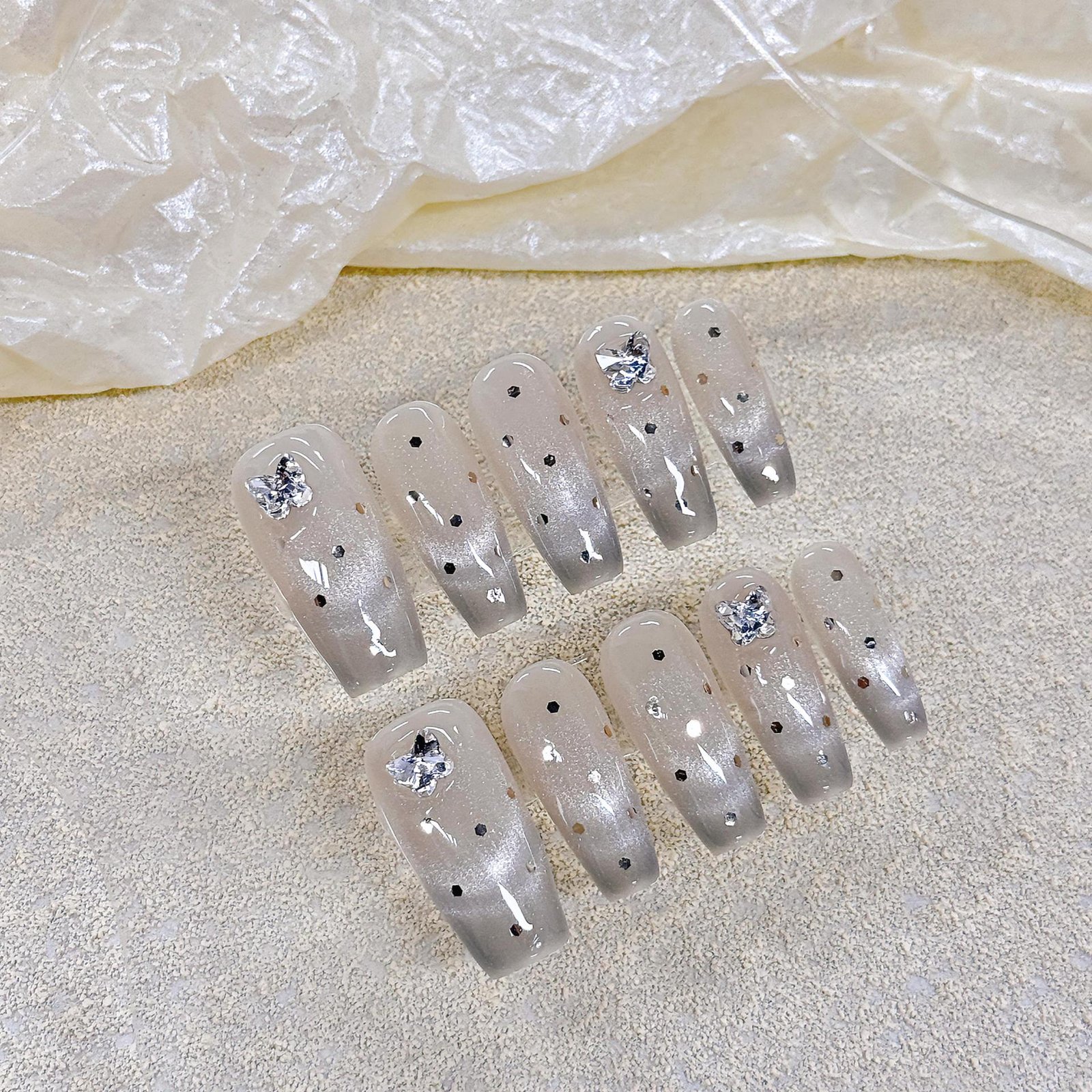 Midnight Stardust 3D Crystal & Polka Dot Handmade Coffin Nails - Image 6