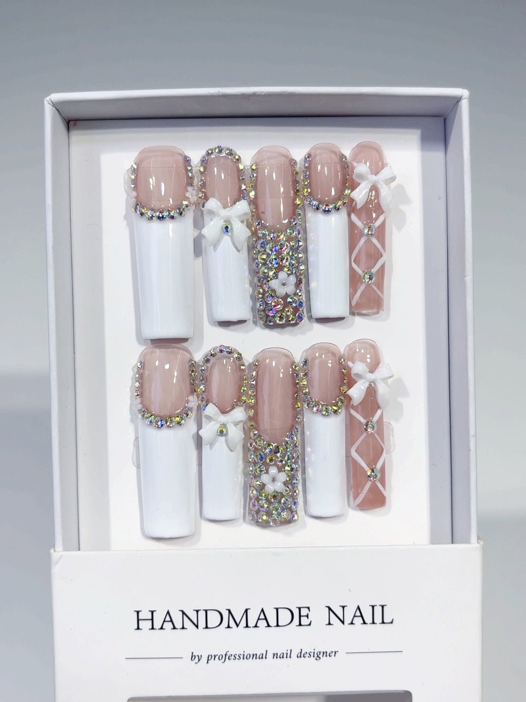 Soft Nude Bow Crystal Long Press On Nails - Image 6