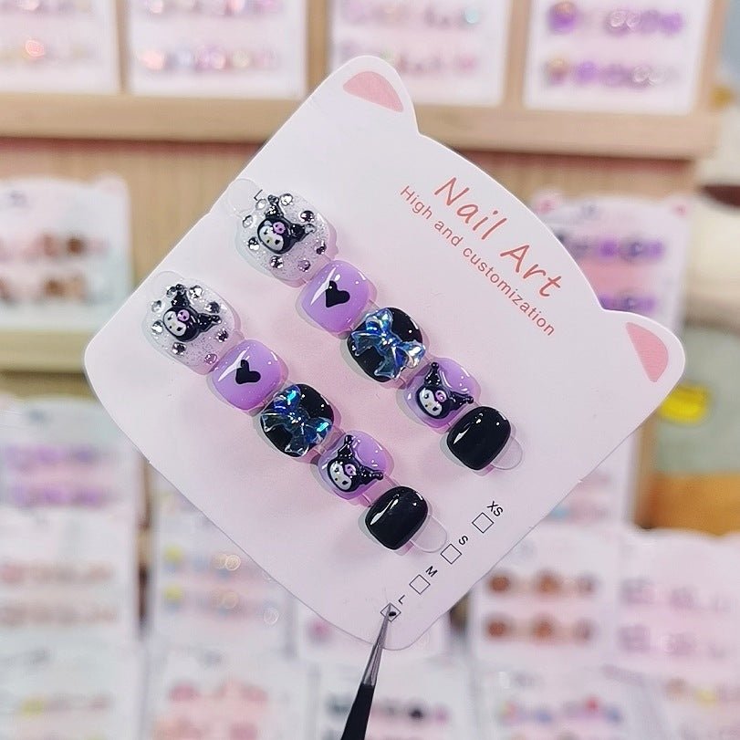 Kulomie Purple Black Cute Kids Press On Nails Set