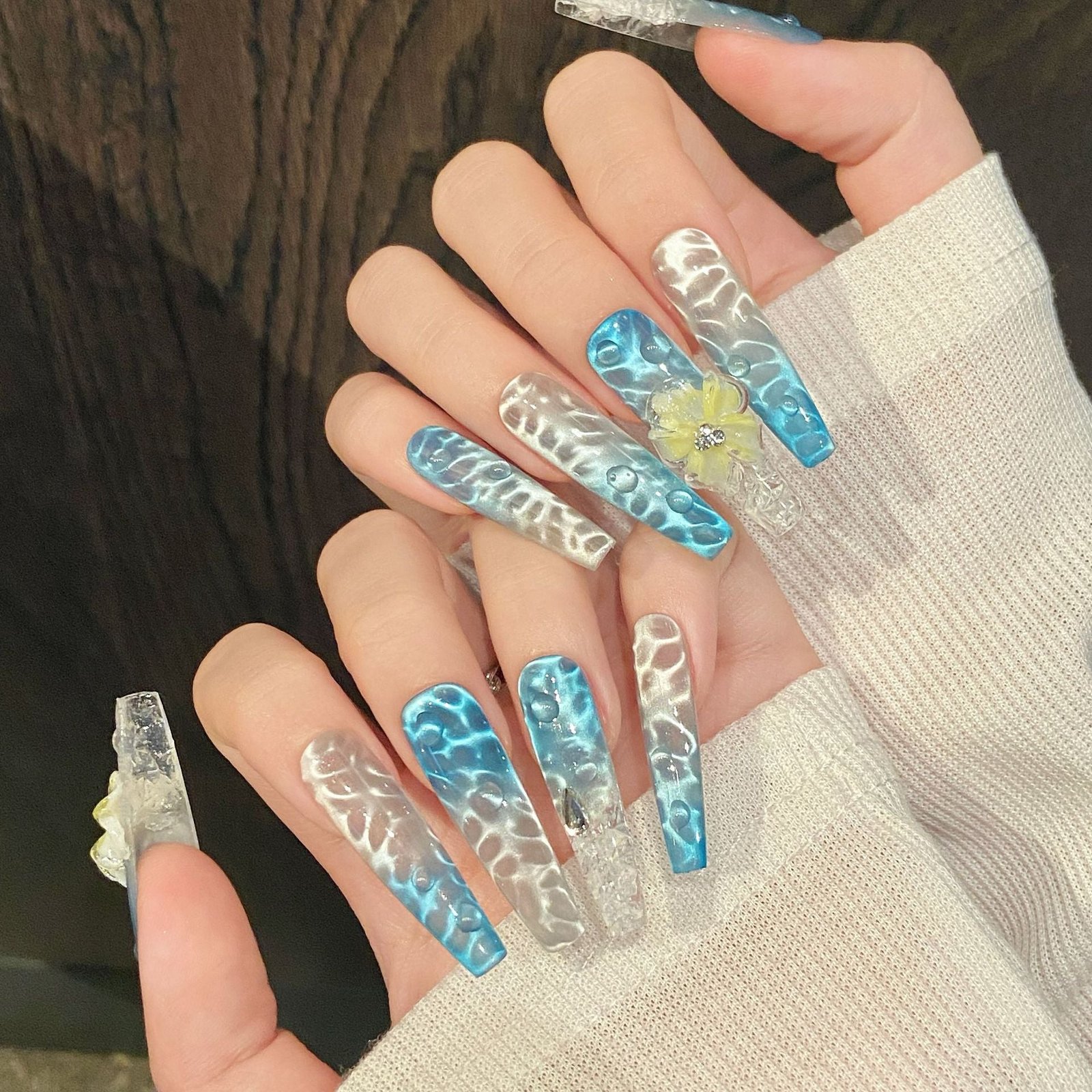 365nails: "Aqua Bloom" – 3D Water Ripple Handmade Long Coffin Nails - Image 3