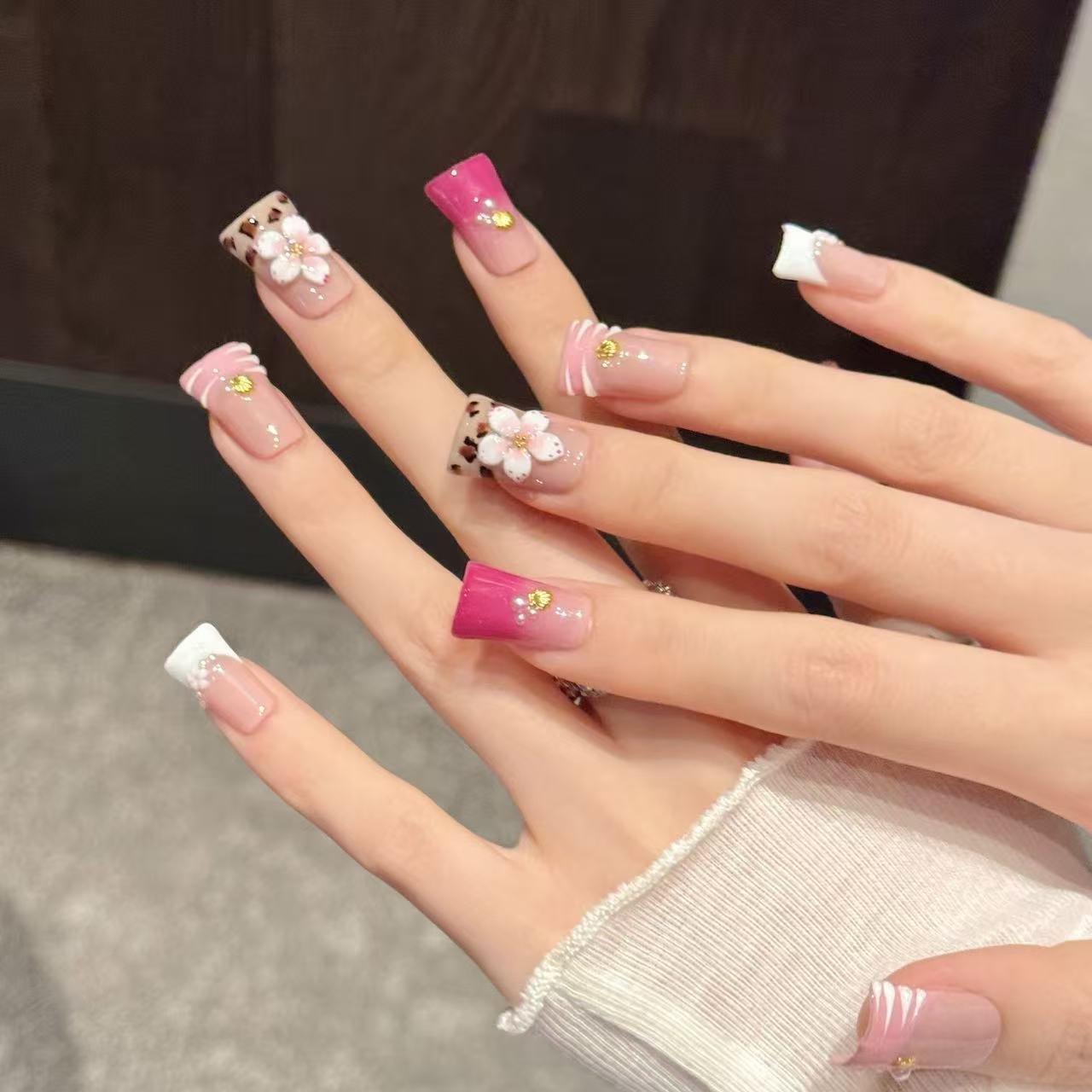 Pink Floral Leopard Accent Press On Nails - Image 2