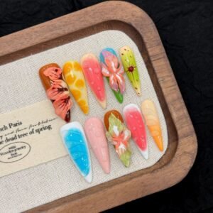 365nails: "Tropical Fantasy" – 3D Water Drop & Hand-painted Flower Handmade Stiletto Nails