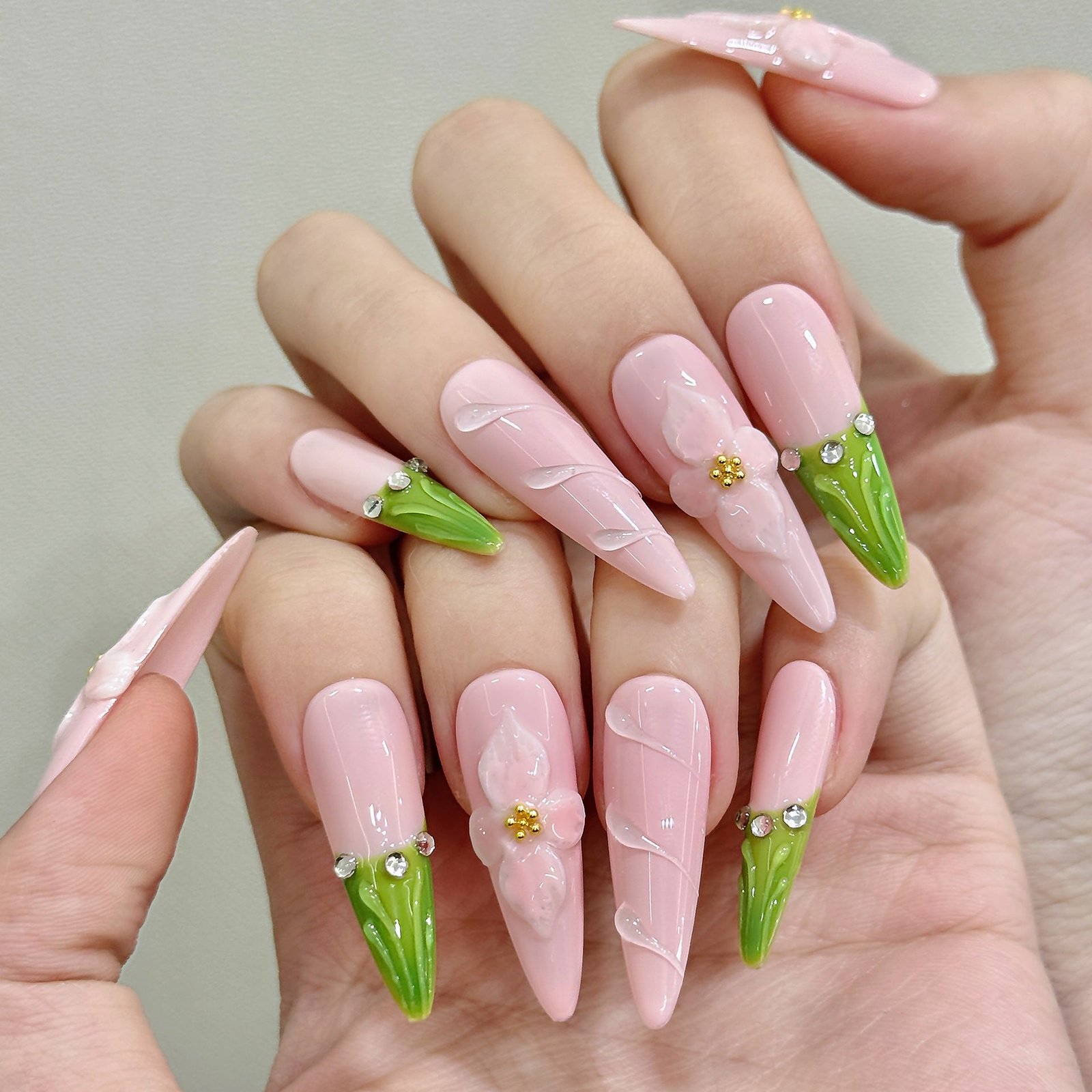 365nails: "Blooming Tulips" – 3D Floral Sculpted Handmade Long Almond Nails