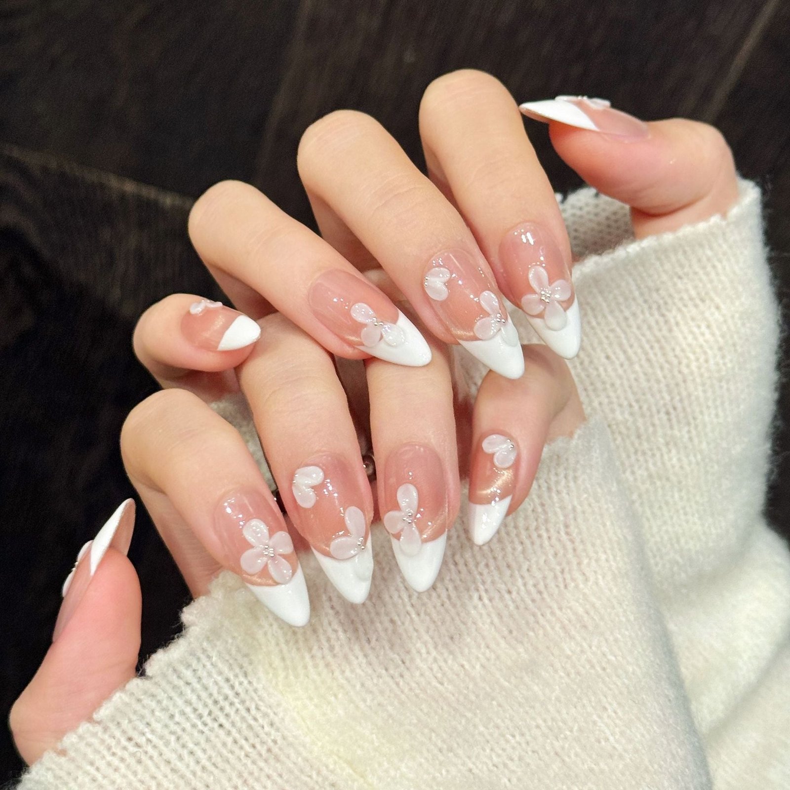 Soft Nude French Petal Flower Glossy Press On Tips - Image 3