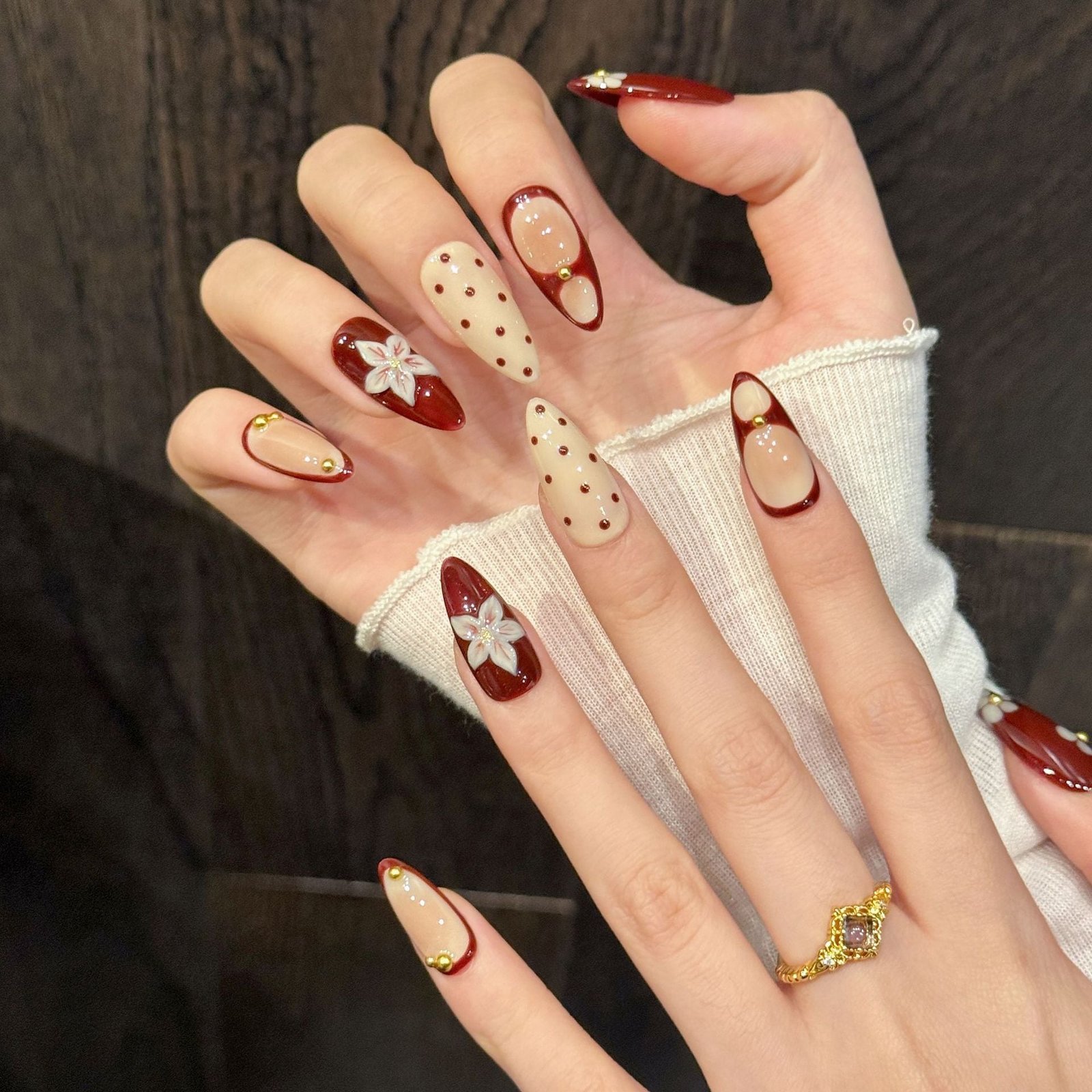 365nails: "Retro Cherry Blossom" – 3D Floral Polka Dot Handmade Almond Nails - Image 3