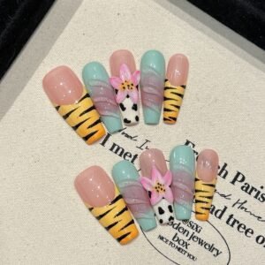 Pastel Zebra Nails with 3D Lotus and Colorful Stripes