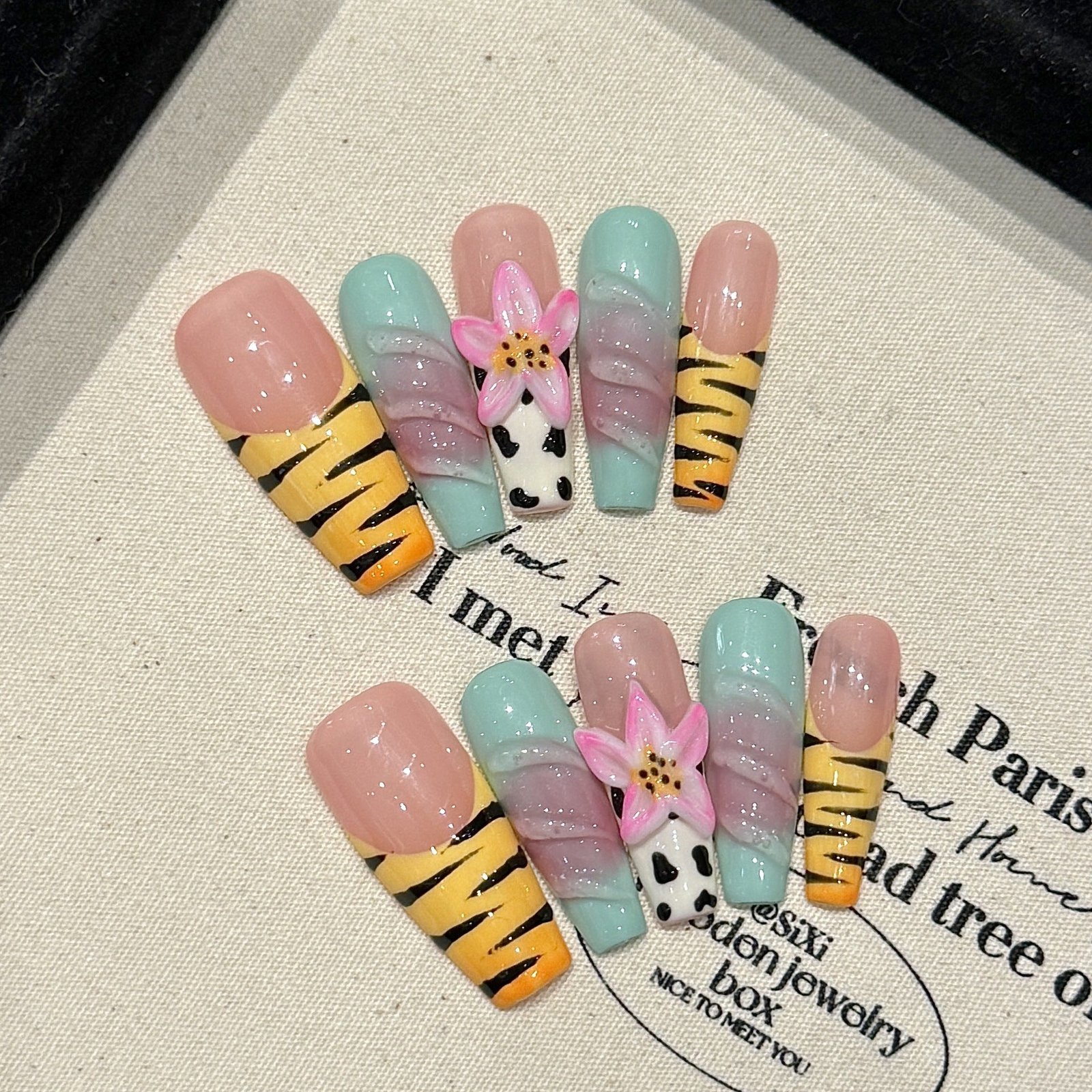 Pastel Zebra Nails with 3D Lotus and Colorful Stripes