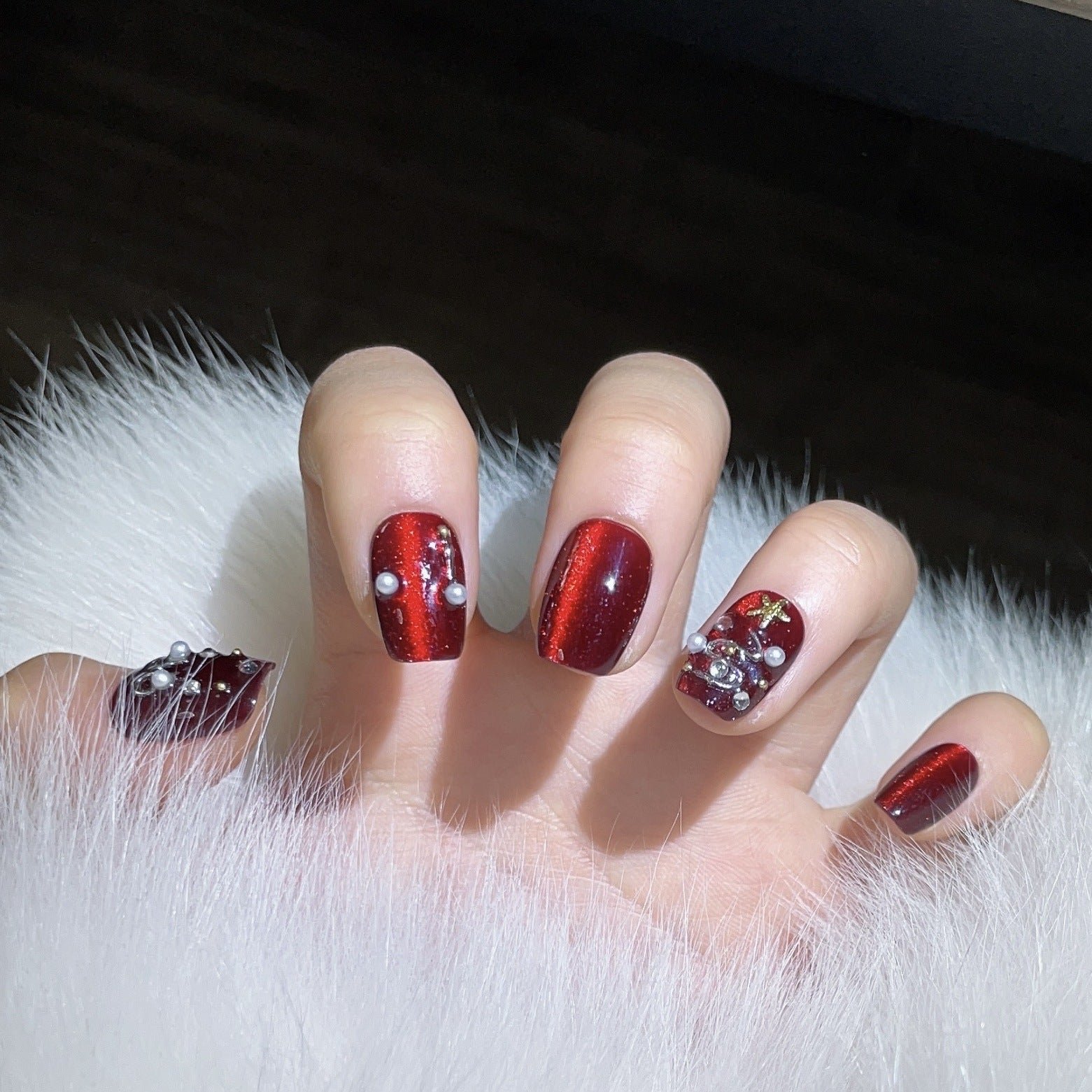Wine Red Pearl Christmas Press‑On Nails – Snowflake & Ribbon Design - Image 2