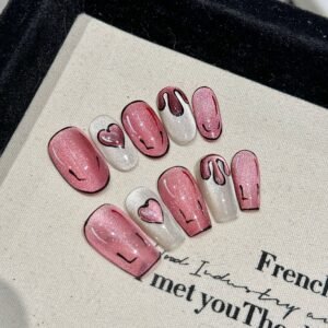 365nails: "Comic Heart" – 3D Hand-Painted Cartoon & Glitter Cat Eye Handmade Almond Nails