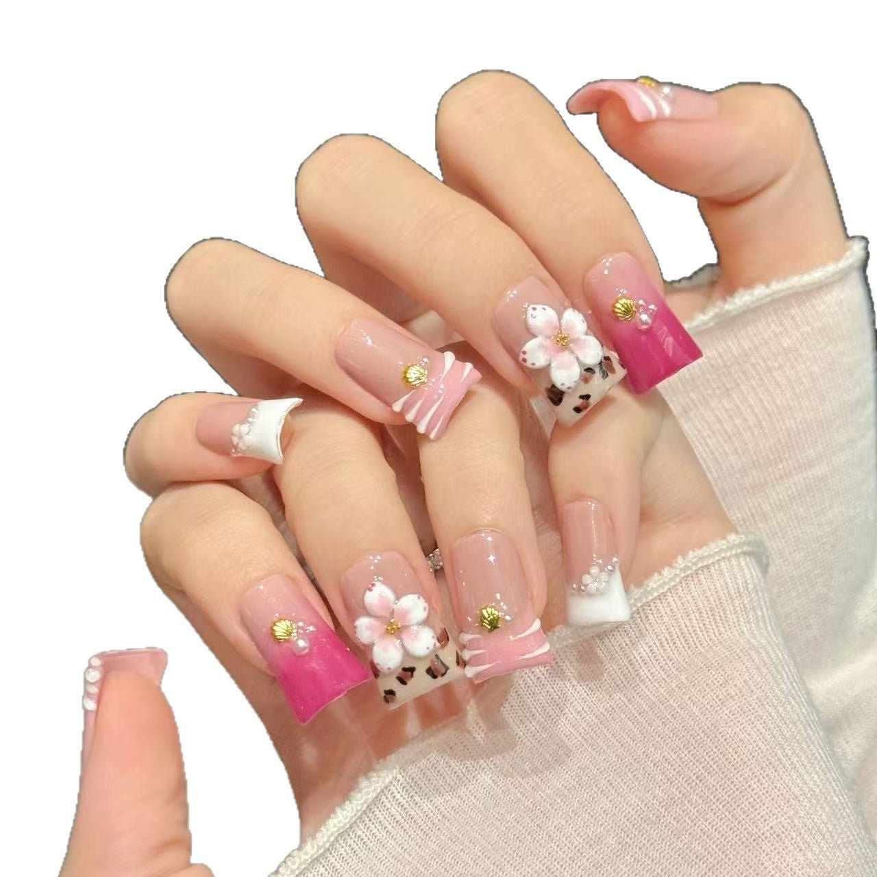 Pink Floral Leopard Accent Press On Nails - Image 4