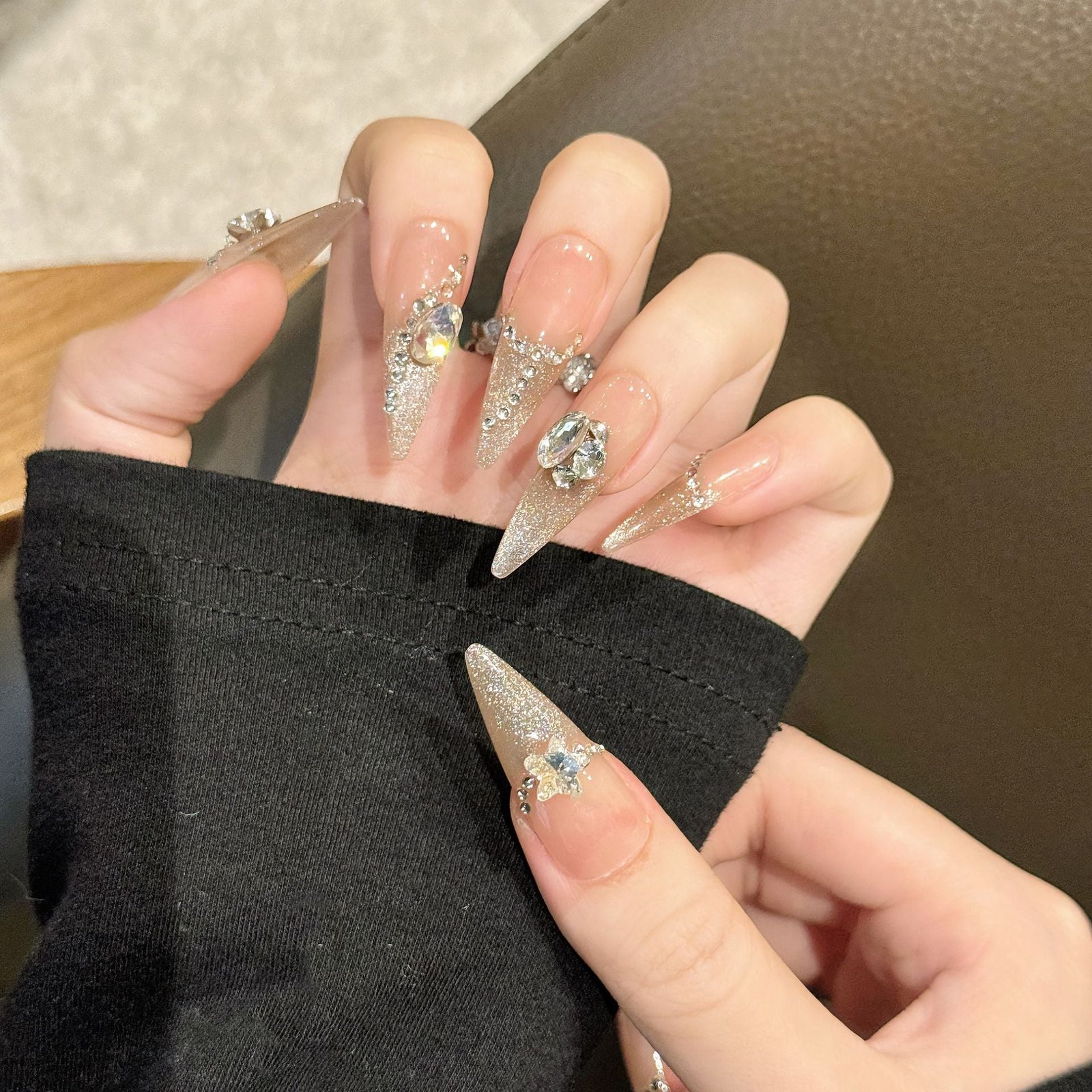 365nails: "Celestial Ice" – 3D Crystal & Silver Glitter Handmade Stiletto Nails - Image 2