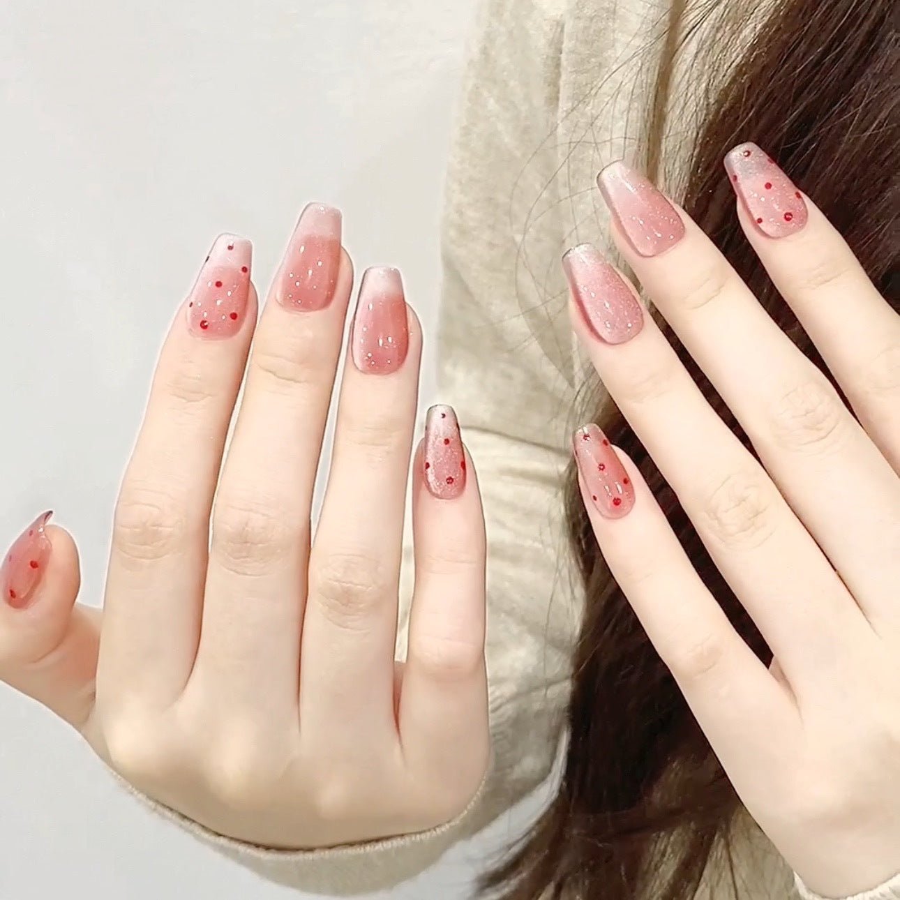 365nails: "Rosy Dots" – Hand-Painted Polka Dot Handmade Coffin Nails - Image 3