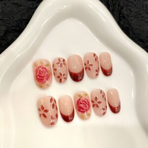 365nails: "Vintage Rose" – Hand-Painted Floral French Tip Handmade Almond Nails