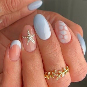 365nails: "Blue & Nude Starfish French Oval" – Summer Press-on Nails