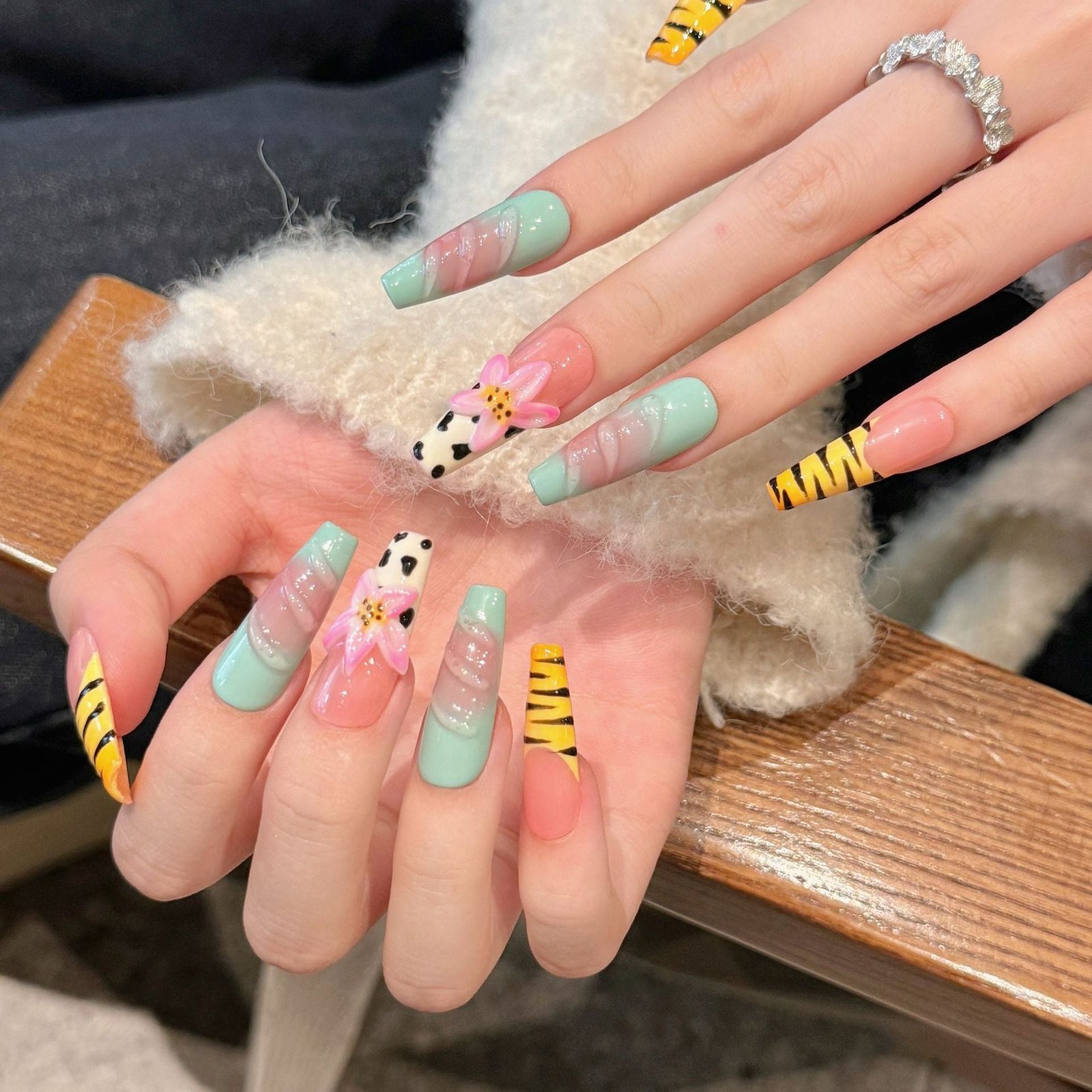 Pastel Zebra Nails with 3D Lotus and Colorful Stripes - Image 3