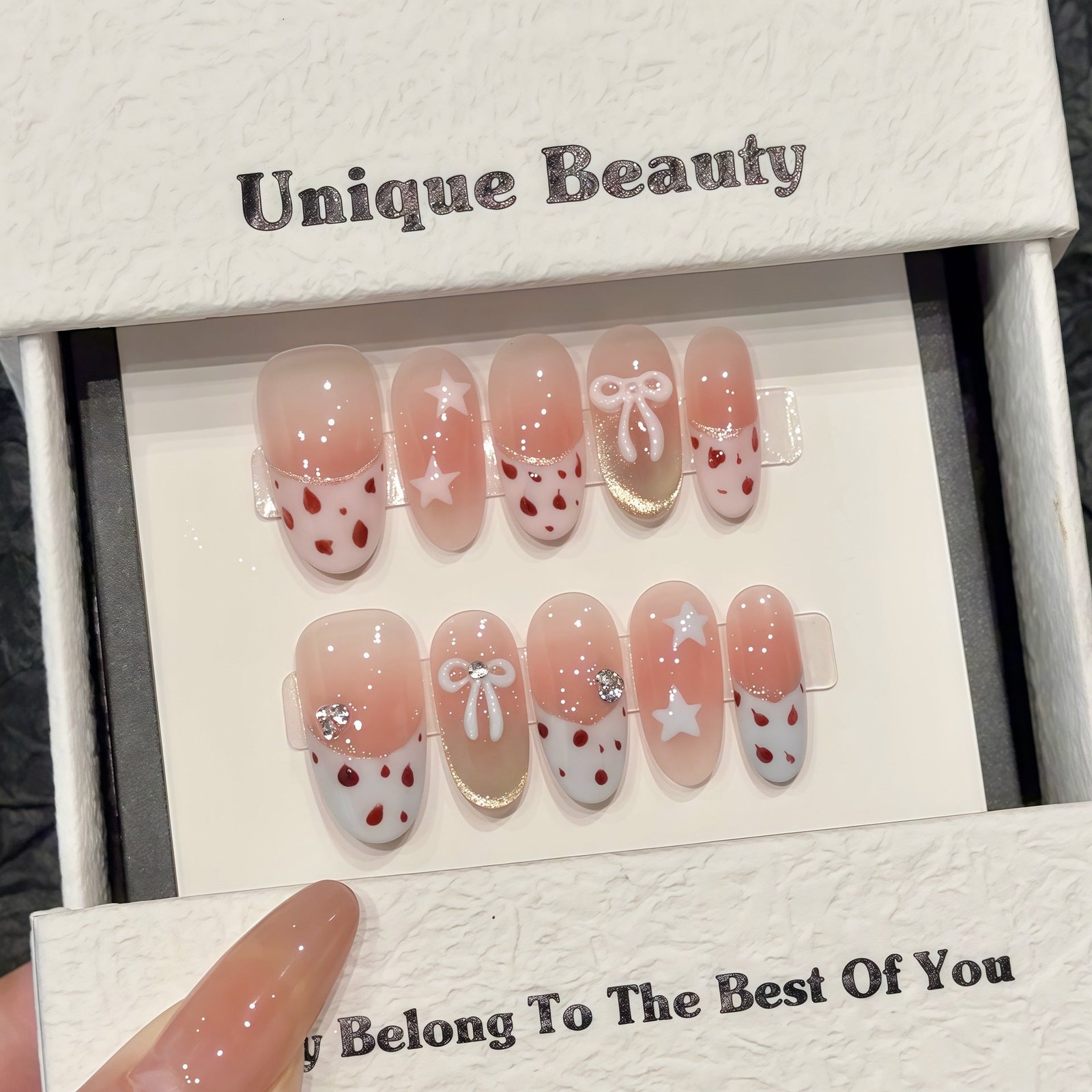 365nails: "Strawberry Milkshake" – 3D Strawberry & Bow Handmade Stiletto Nails - Image 5