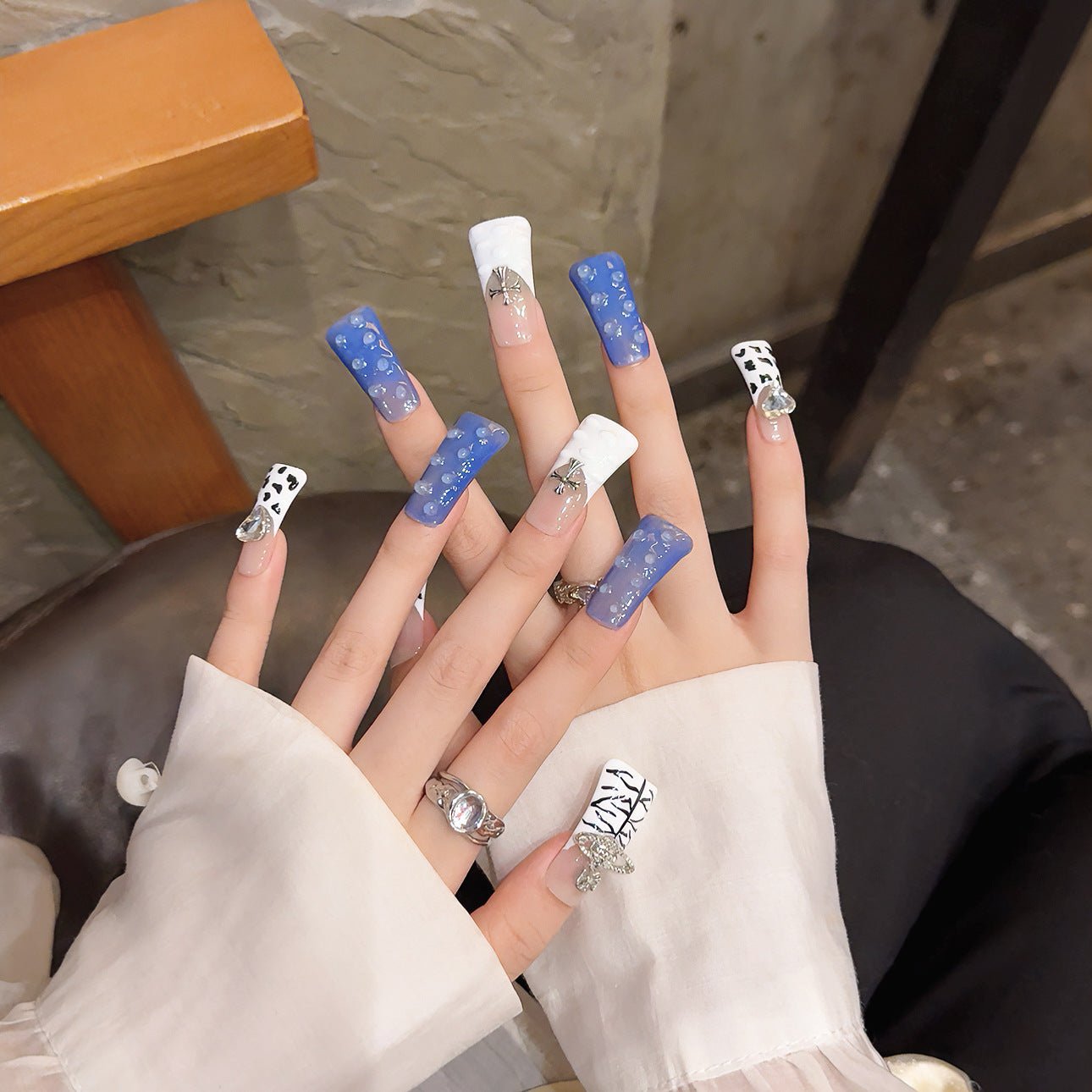 Y2K Mix Pattern Nails with Zebra, Dots, and Crystal Charms - Image 2