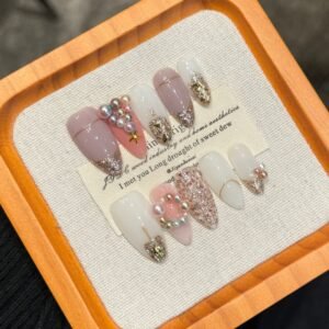 Pink and White Glitter Press‑On Nails – Pearl & Gold Accent Design