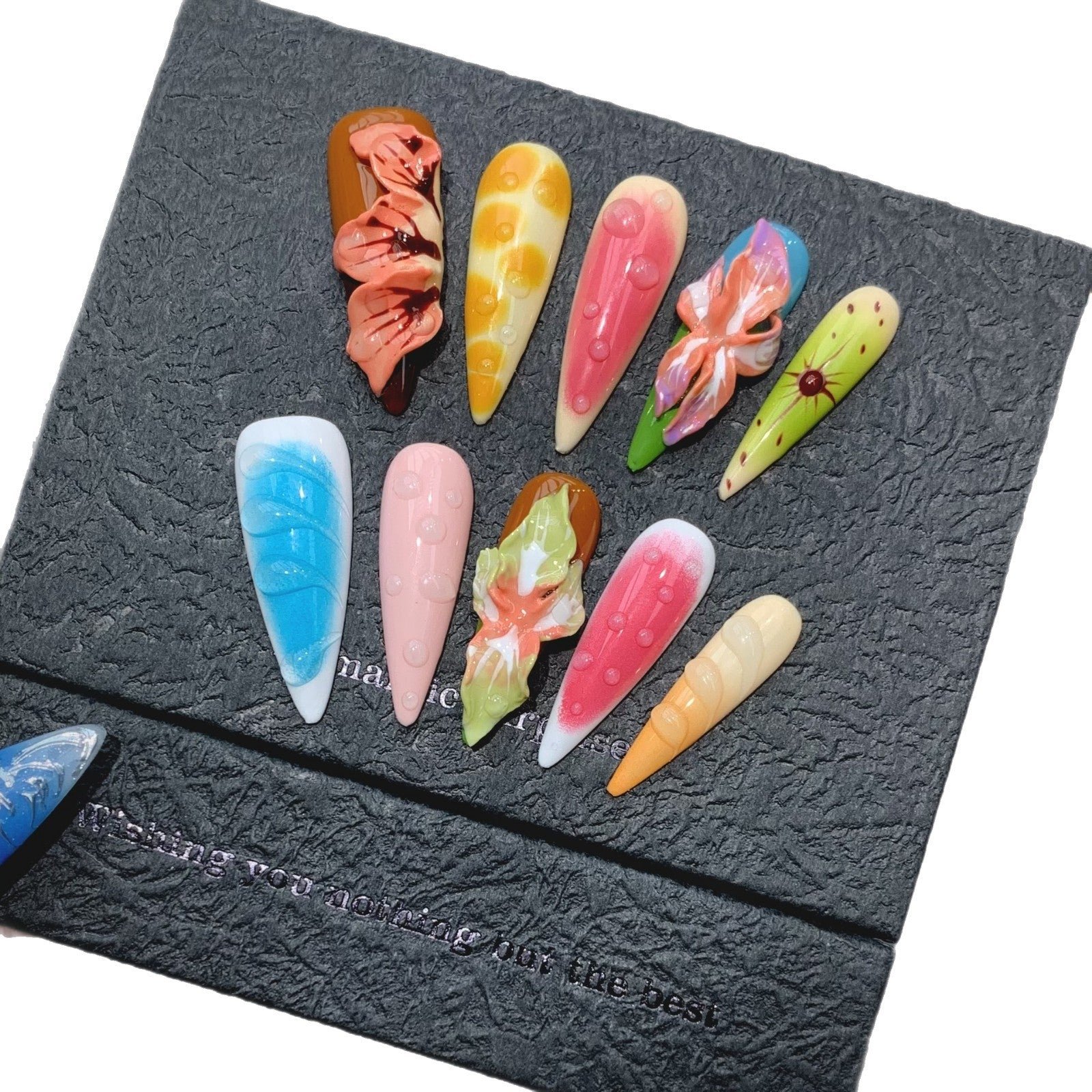 365nails: "Tropical Fantasy" – 3D Water Drop & Hand-painted Flower Handmade Stiletto Nails - Image 4