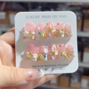 Sakura Bloom: "Blossom & Golden Filigree" – Short Almond Press Ons